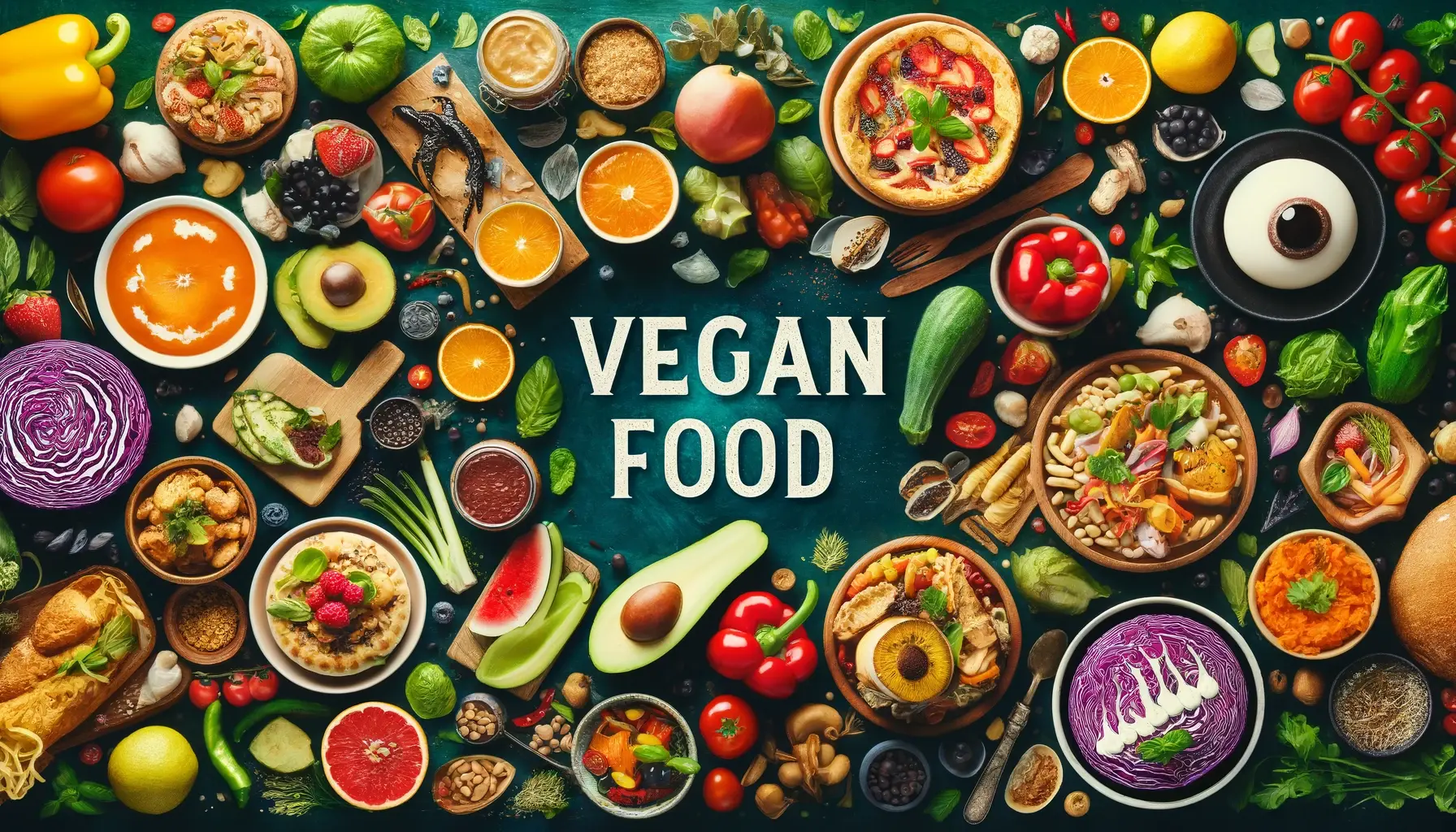 Vegan Food, image that features a variety of delicious vegan dishes arranged aesthetically.