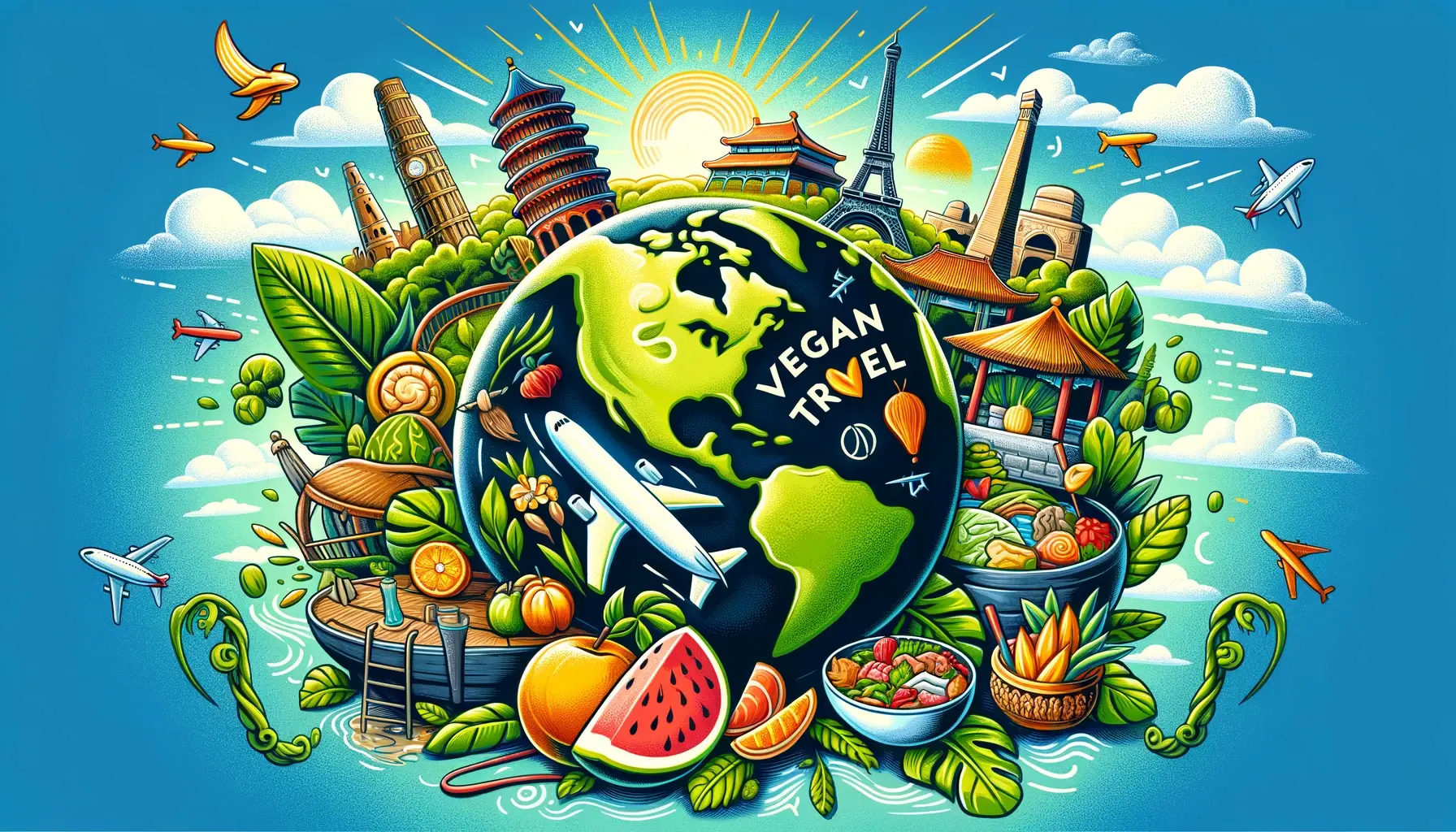 image featuring a globe with different travel destinations around it, along with vegan food symbols and elements of nature