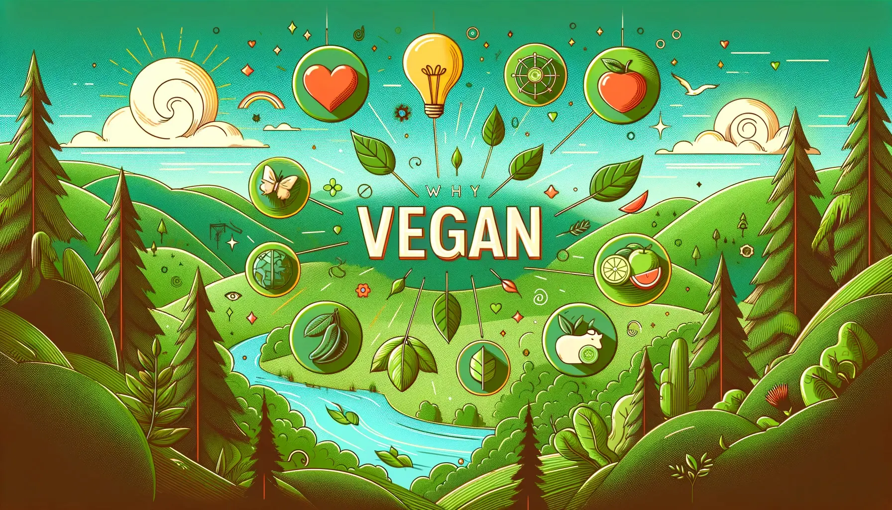 Why Vegan page hero section, featuring symbols representing animal welfare, environmental concerns, and health concerns